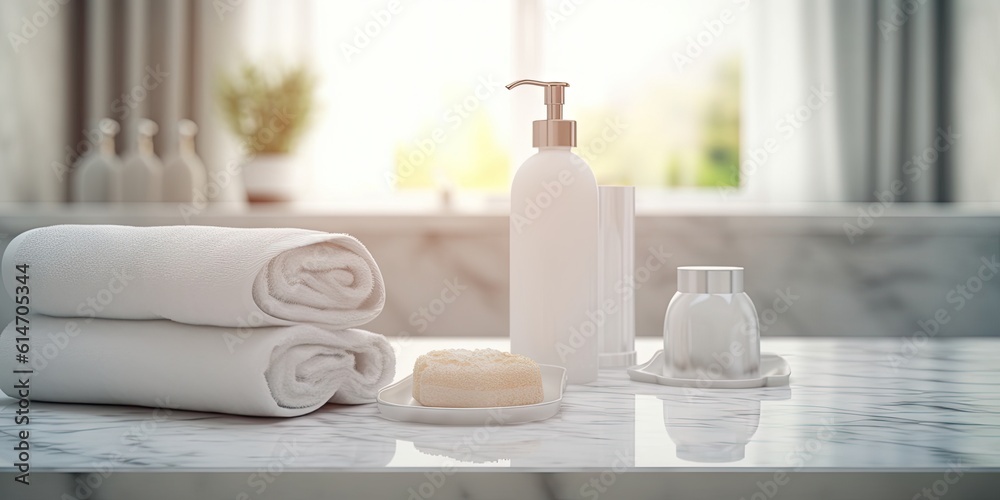 Closeup of Empty Tabletop Product on Table Bathroom Interior with Blurred Background