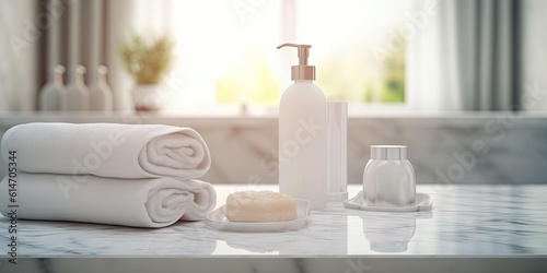 Closeup of Empty Tabletop Product on Table Bathroom Interior with Blurred Background