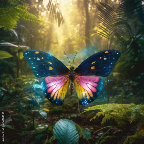 A beautiful butterfly in a dense tropical forest. AI Generation © mirexon