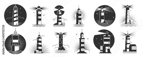 Black lighthouse labels. Symbol lighthouse silhouettes for navigation, sea and beach tourism label, lighthouse abstract symbols. Vector isolated set
