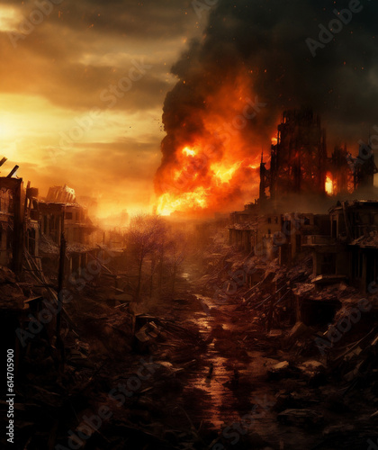 A Burning and Destroyed City  Representing War Destruction and Disaster  Generative AI