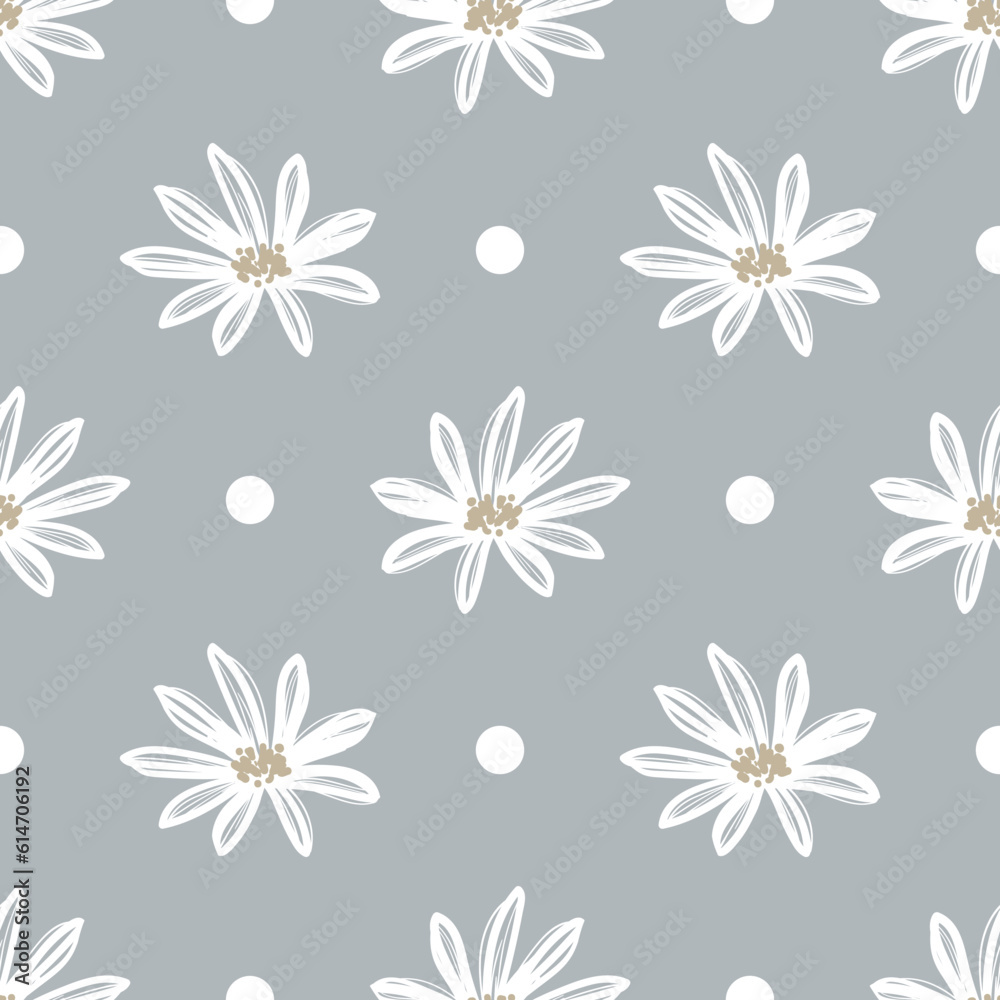 Seamless pattern of cute white flower and dots on light gray background. Seamless pattern of cute white flower and dots on light gray background.
