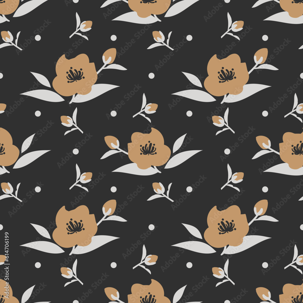 Seamless pattern of cute brown flower branches with gray leaves and tiny dots on black background.