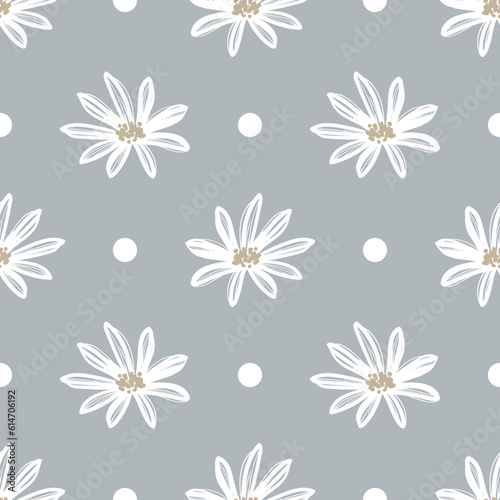 Seamless pattern of cute white flower and dots on light gray background.