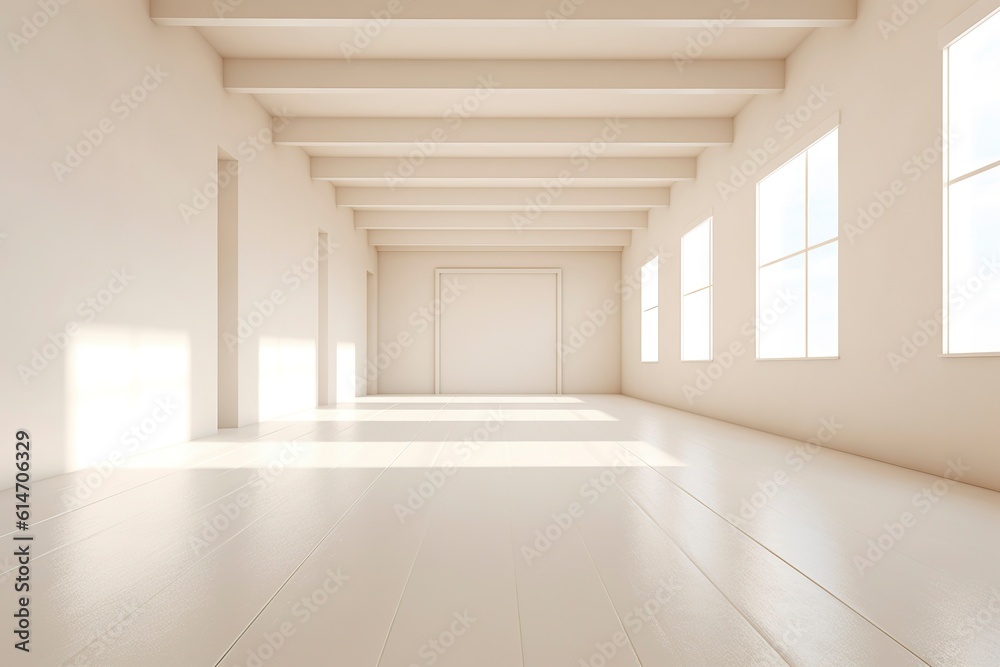 Obraz premium Wide and bright empty room, in perspective, with white walls.