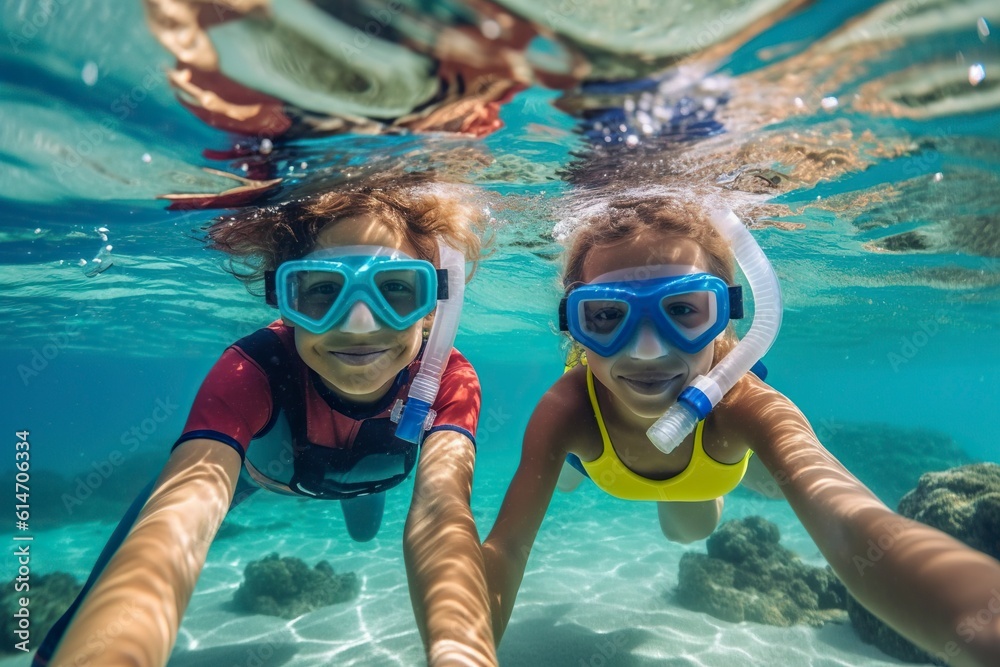Two children capture their underwater adventure, taking a selfie while snorkeling in the mesmerizing underwater world.