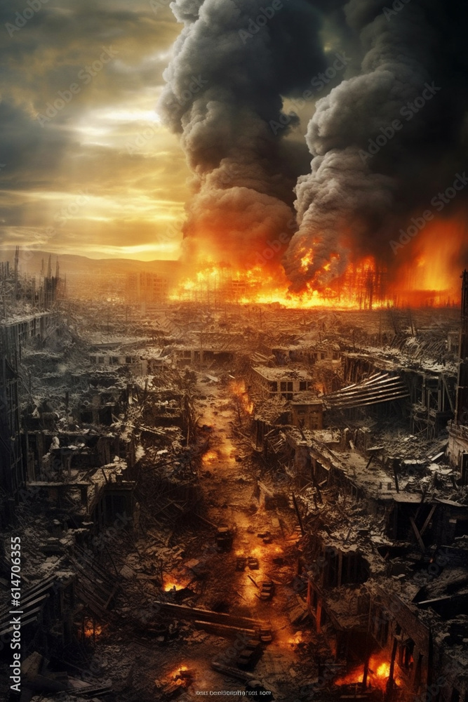 A Burning and Destroyed City, Representing War Destruction and Disaster, Generative AI