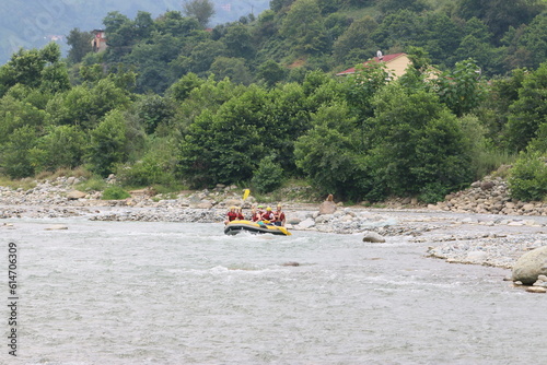 Tourists who rafting on the river storm(Firtina Deresi) Rize, Turkey. Photo taken from Rize City, Turkey.