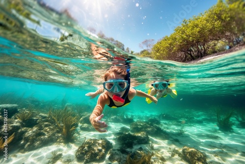 Underwater photo of two children  taking a selfie while snorkeling underwater