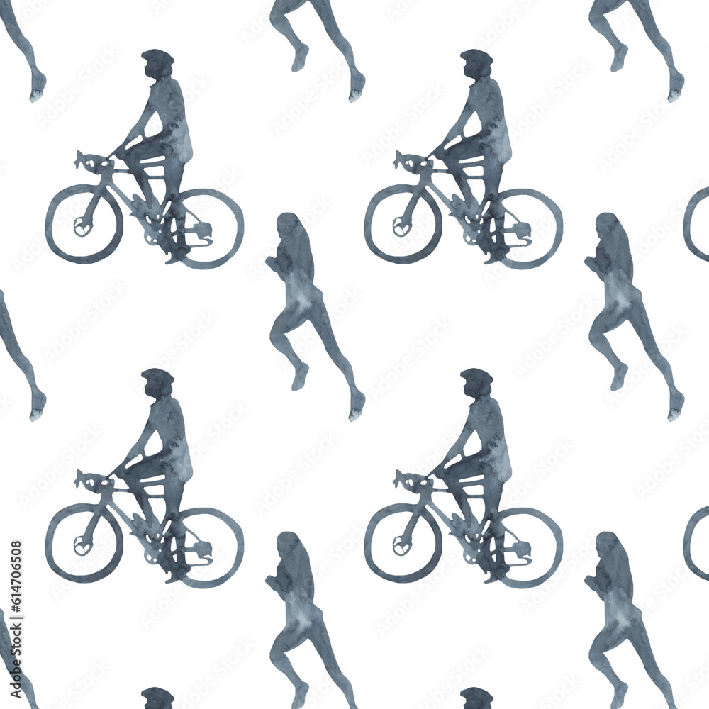 Obraz premium Sports at sunrise pattern.Running.Gymnastics.Morning gym.Watercolor silhouette sport isolated on white background.