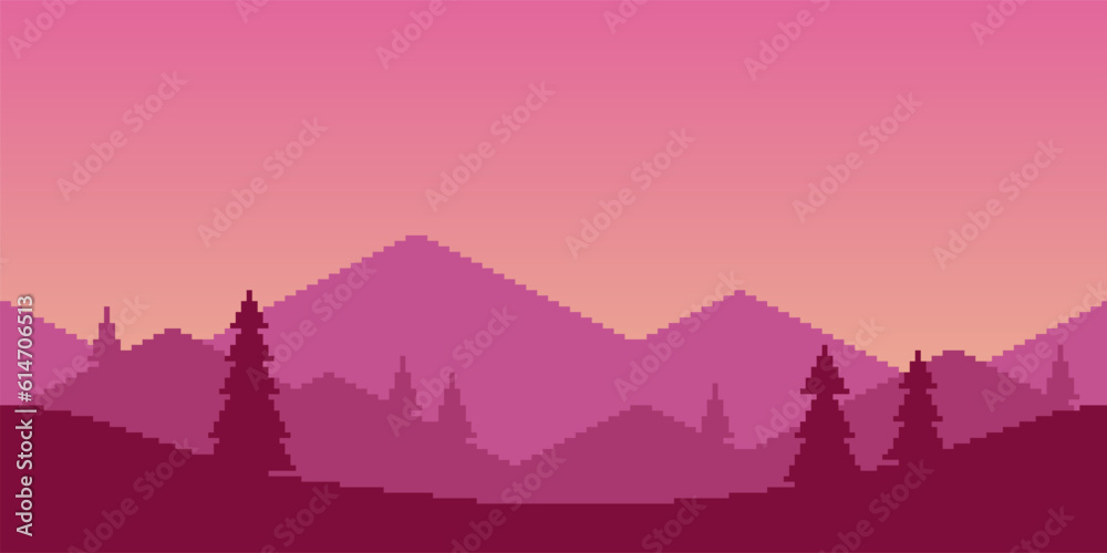 Fototapeta premium Colorful simple vector pixel art horizontal illustration of morning mountain landscape with fir trees in retro platformer style