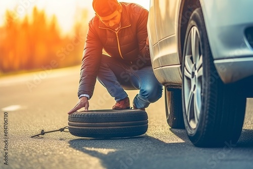 Changing the flat tire of a car, on the road.