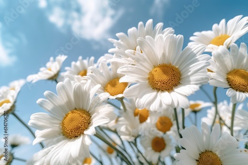Blooming daisies, seen from below in wide angle. Ai generated.