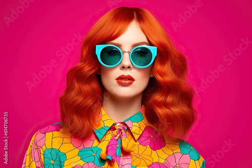 Attractive red-haired woman wearing sunglasses, posing.