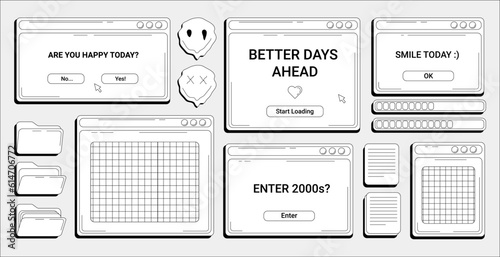 Trendy Y2K banner with retro computer windows with copy space, computer user interface in 2000s aesthetic.