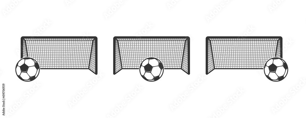 Obraz premium Minimalistic soccer ball near the football goal gates. Left, center, and right side gates with football ball. Sport equipment vector icon. Team side indicator for web.
