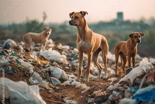 Group of stray dogs looking for food in a dump.
