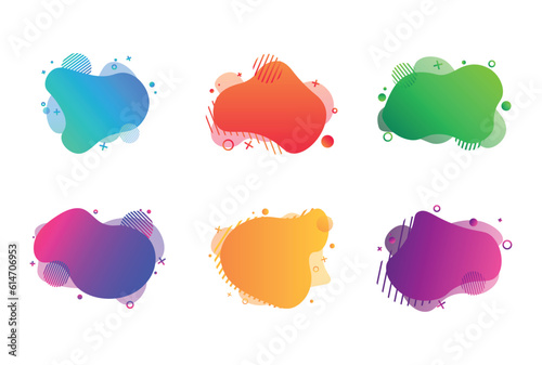 Set of 6 gradient liquid element with geometric details. Modern colorful liquid shapes and waves vector illustrations. Aqua gradient templates for text.