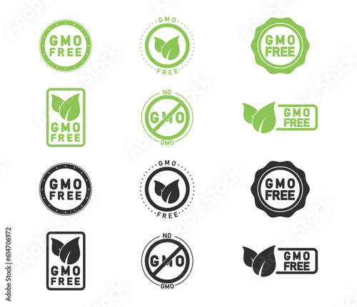 Set of 6 minimalistic GMO free labels for food. Non GMO healthy food icons. Warning signs of the product composition. Organic, eco, vegan products sticker.