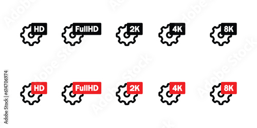 Minimalistic gear with video extension window vector icons. HD  FullHD  2K  4K and 8K video quality vector icon set with full black and black and red option.