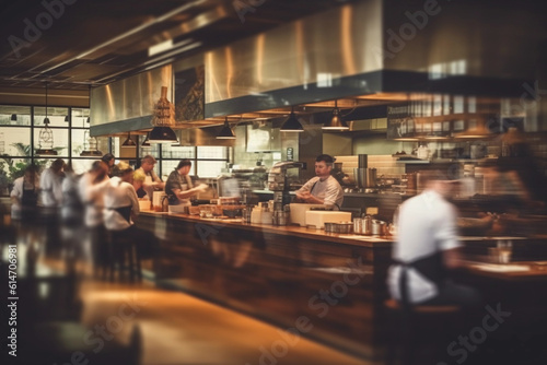 Photo Blurred Restaurant Background with People - Generative AI.