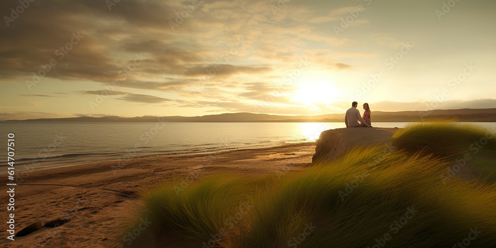 Obraz premium A couple watches the sunset from the top of a small hill. Ai generated.