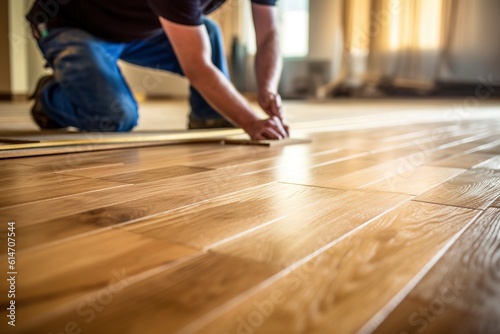 An operator repairs the parquet boards on the floor of a residence. Ai generated.