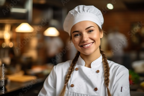 A young female chef smiles at the camera.