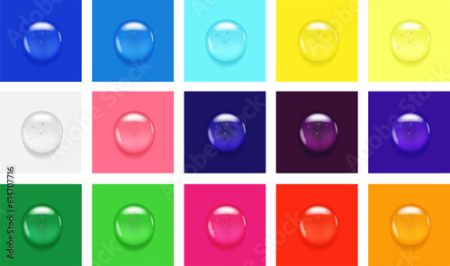 Serum gel drop. Liquid cosmetic oil texture. Transparent color water with bubbles. Face skin cream swatch 3d droplet.