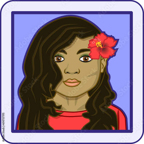 Avatar profile pic of young Polynesian woman with black hair, brown eyes and a red hibiscus flower in her hair. Vector illustration.