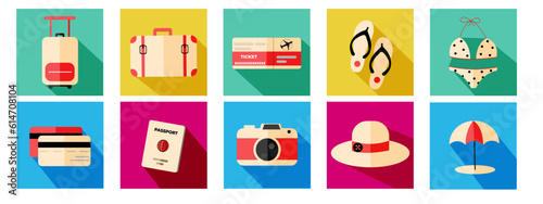 Set of icons, travelling, Suitcase, luggage, camera, passport, credit cards, ticket, flip flops, summer hat,  swim suit, umbrella