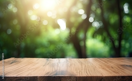 Garden Table. Wooden Background with Green Plants, Trees and Leaves in Bokeh Blur for Product Display