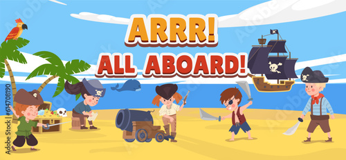 Website banner template with pirate kids flat style, vector illustration