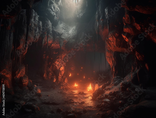 dark and scary cave on fire, Generative AI © scrawled soul