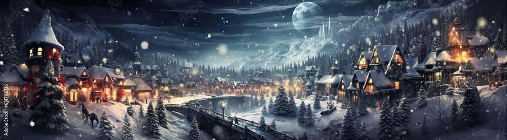 Fototapeta premium Fabulous Winter Night Village Panorama. Created using generative AI tools