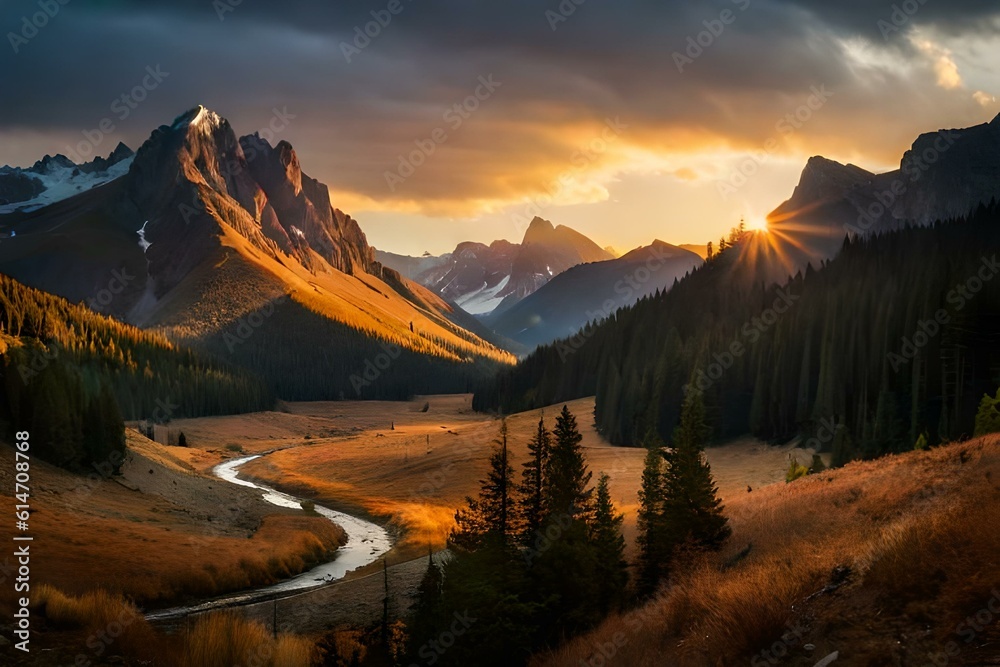 sunset in the mountains , autumn forest in the morning