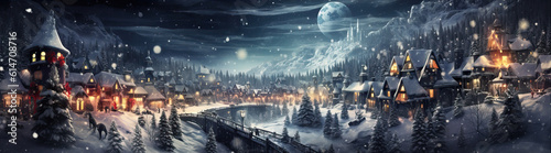 Fabulous Winter Night Village Panorama. Created using generative AI tools
