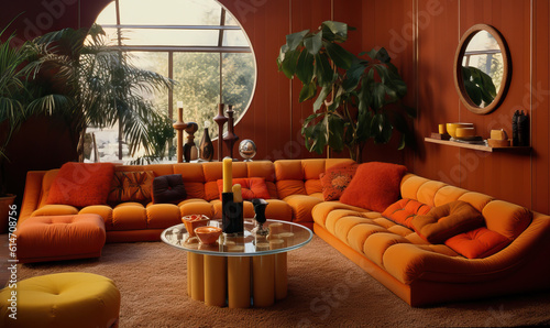 Living Room Interior, 1970s Style. Created using generative AI tools