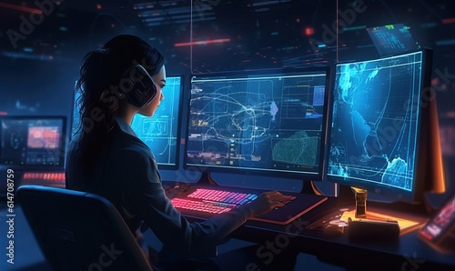 Girl Dispatcher at Night Airport. Created using generative AI tools