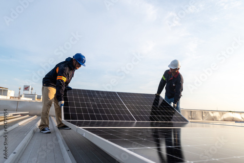 2 engineers install solar and maintain solar power plant , Engineer team to inspect and maintain solar power plants solar power plant