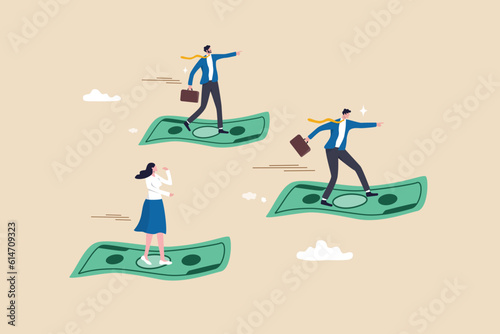 Cash flow, investment direction or financial trend, profit or earning from business, income or salary, stock market investing, wealth expert concept, business people riding flying money banknotes.