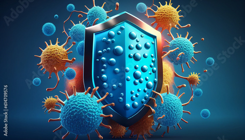 Background of virus defense with a shield and bacteria, Generative AI photo