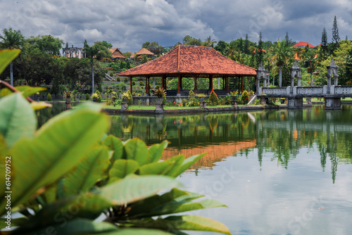 Taman Ujung in Bali, Indonesia. Balinese architecture with lake