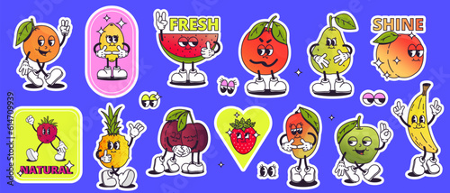 Groovy cartoon fruits stickers. 80s 90s funky fruity labels with smile face, colorful retro animation elements for packaging product design. Vector isolated set