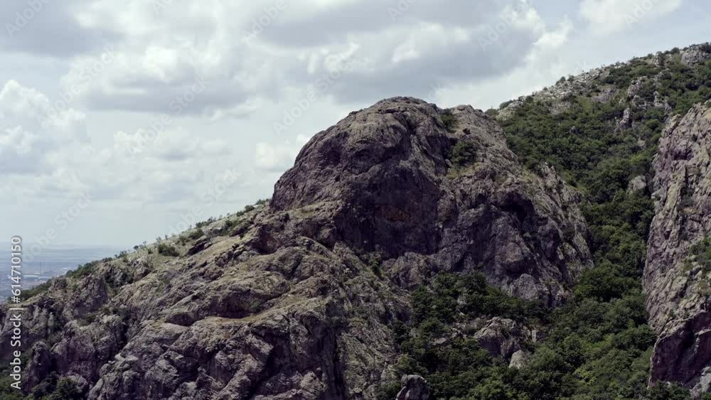 Craggy rock formation revealed on the Balkan mountains Karandila drone shot