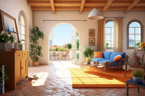 Stylish Italian house terrace  living room interior. Generative AI