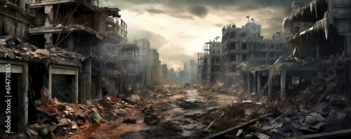 A Destroyed and Abandoned City Block, Representing War and Disaster, Generative AI