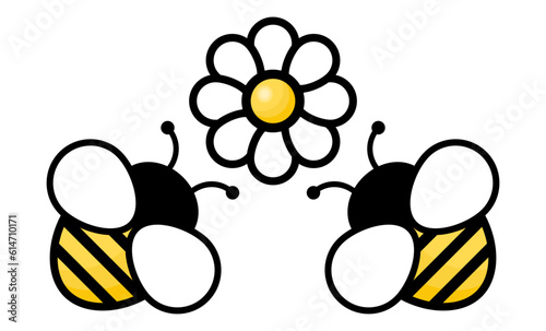 Flying bees with flower. Vector illustration isolated on white.