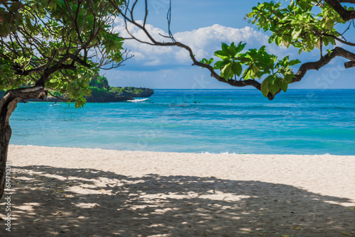 Fototapeta Naklejka Na Ścianę i Meble -  Tropical banner of Luxury beach with tropical trees, sand and quiet blue ocean.