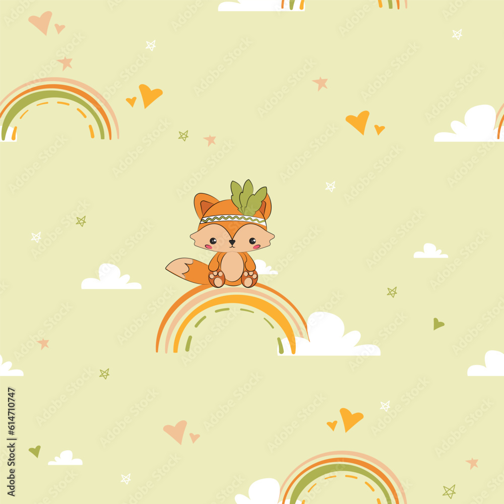 Cute cartoon fox charcter sitting on the rainbow with hearts on the background illustration. Woodland animals characters seamless pattern. Nursery kids room wall design. Nursery room wall animals